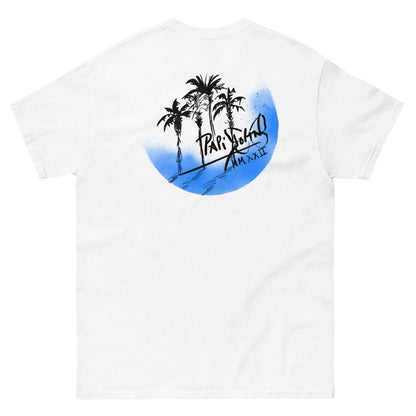 PapiJohn® 🏛️ Sala 5 | The Crescent Palms | Sketch Art Canvas — Back view showing the high-density cotton t-shirt silhouette and clean architectural drape of the White Canvas Tee by $arah Free 💎. Gallery archive piece, honest luxury apparel, and wearable art curated in Cadifornia.