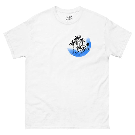 PapiJohn® 🏛️ Sala 5 | The Crescent Palms | Sketch Art Canvas — Front view of the White Canvas Tee. Featuring hand-drawn freehand palm trees with a cobalt blue spray-effect crescent moon accent on heavy white cotton canvas by $arah Free 💎. High-end luxury streetwear de autor curated in Cadifornia.