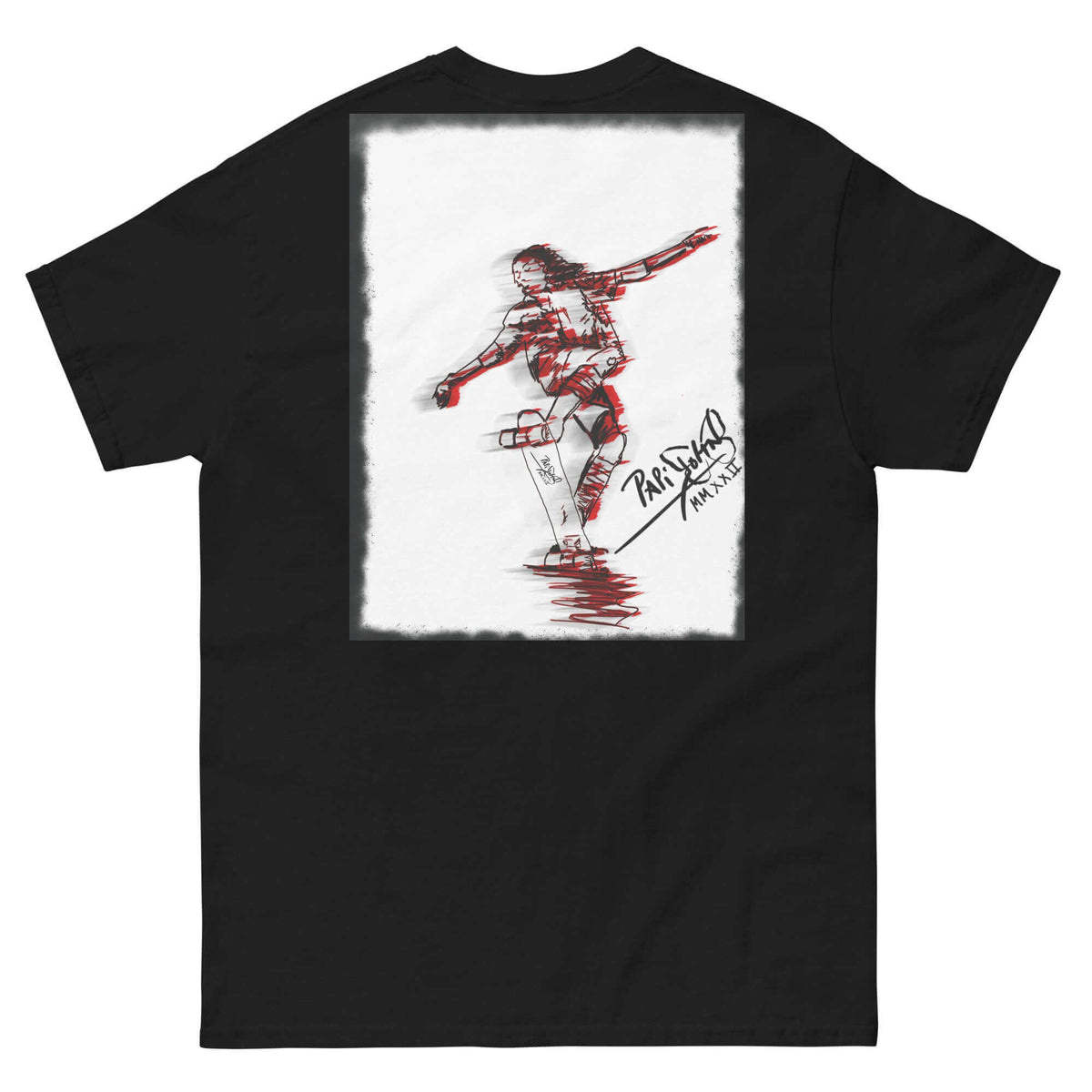 PapiJohn® 🏛️ SALA 5 | THE CRIMSON TAIL-STOP | FRAME ART CANVAS — Back view showing the high-density cotton t-shirt silhouette and clean architectural drape of the Black Canvas Tee by $arah Free 💎. Gallery archive piece, honest luxury apparel, and wearable art curated in Cadifornia.