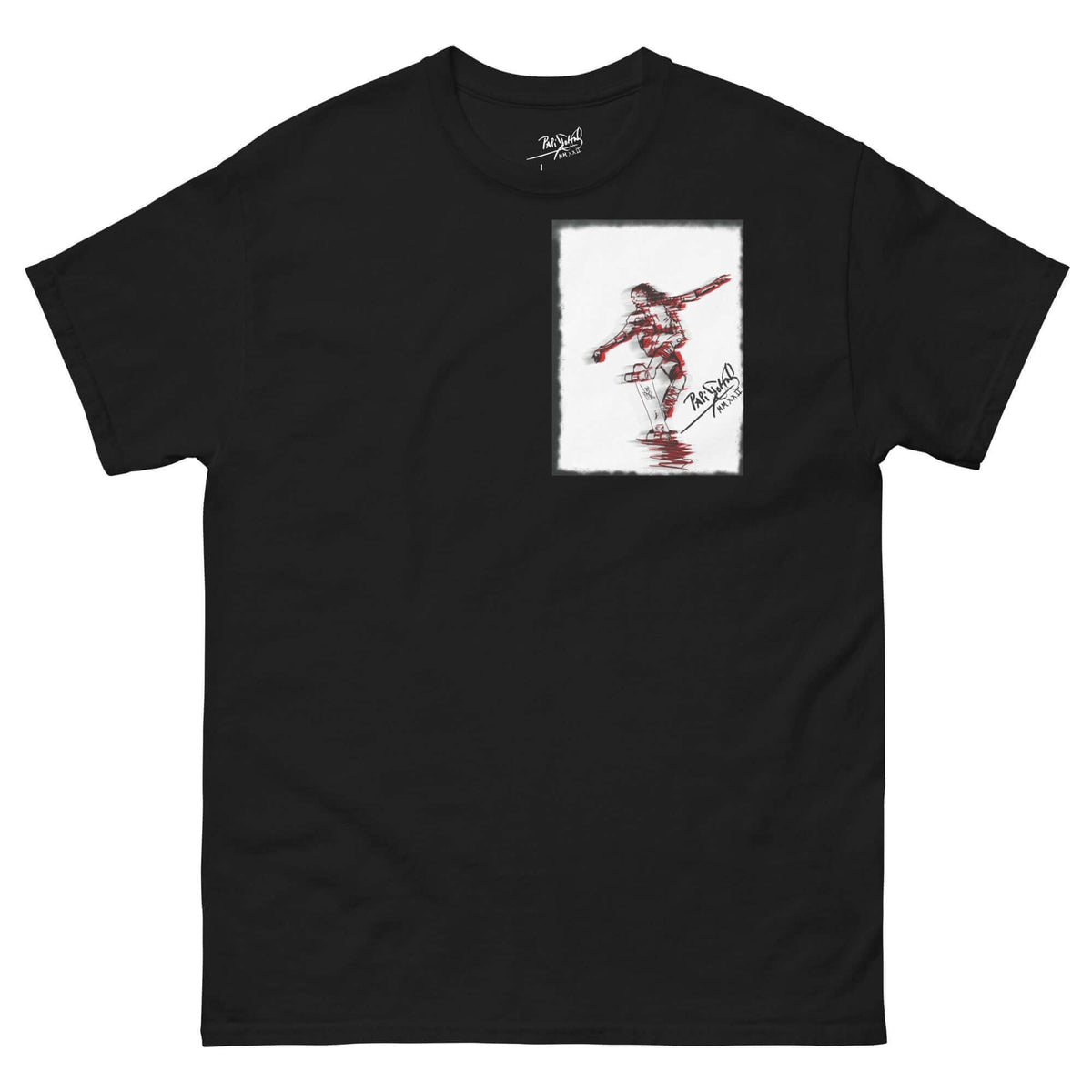 PapiJohn® 🏛️ SALA 5 | THE CRIMSON TAIL-STOP | FRAME ART CANVAS — Front view of the Black Canvas Tee. Featuring deep crimson red and black tail-stop skate artwork with spray-effect framing in high contrast on heavy black cotton canvas by $arah Free 💎. High-end luxury streetwear de autor curated in Cadifornia.