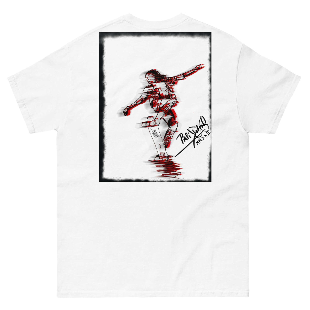 PapiJohn® 🏛️ SALA 5 | THE CRIMSON TAIL-STOP | FRAME ART CANVAS — Back view showing the high-density cotton t-shirt silhouette and clean architectural drape of the White Canvas Tee by $arah Free 💎. Gallery archive piece, honest luxury apparel, and wearable art curated in Cadifornia.