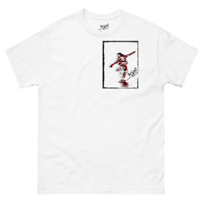 PapiJohn® 🏛️ SALA 5 | THE CRIMSON TAIL-STOP | FRAME ART CANVAS — Front view of the White Canvas Tee. Featuring deep crimson red and black tail-stop skate artwork with spray-effect framing on heavy white cotton canvas by $arah Free 💎. High-end luxury streetwear de autor curated in Cadifornia.