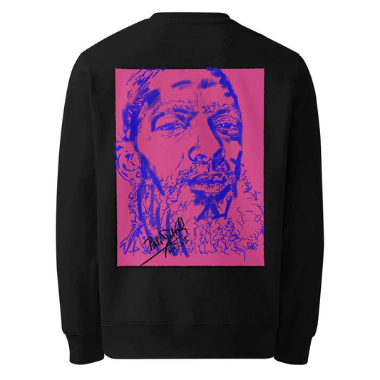 Back view showing the structured organic cotton crewneck silhouette, premium heavy drape, and vibrant tribute artwork of the SALA 5 | The Eco Blue Marathon by PapiJohn®. Gallery archive piece, conscious luxury eco apparel, and wearable art curated in Cadifornia by $arah Free 💎.