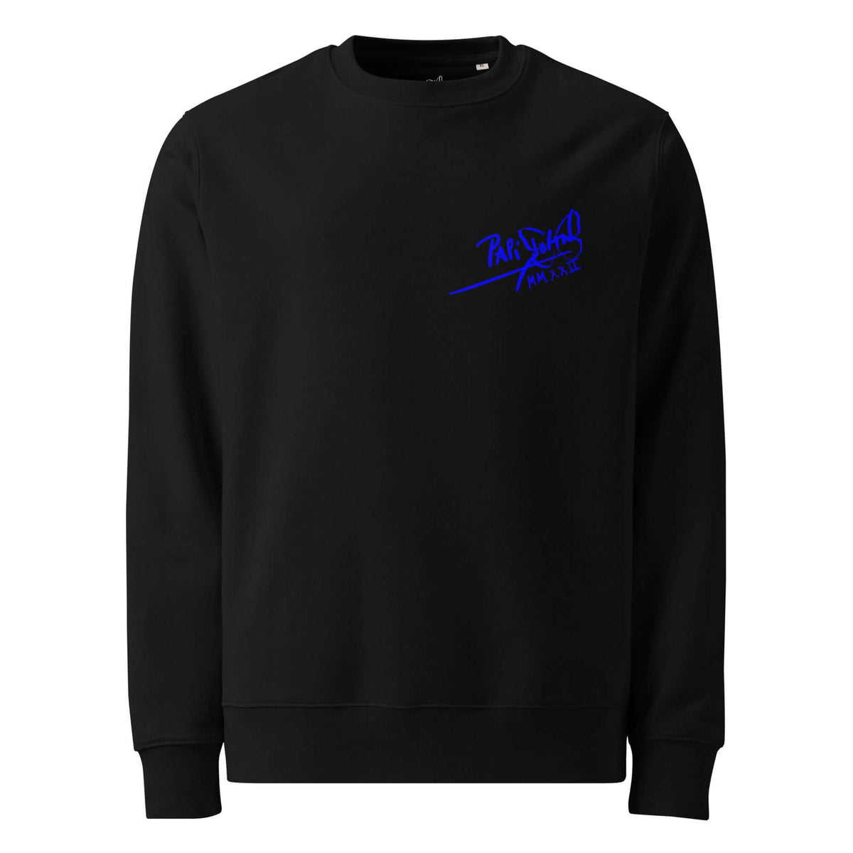 Front view of the SALA 5 | The Eco Blue Marathon | Vibrant Tribute Canvas Eco Crew in black by PapiJohn®. Featuring the signature icon logo in vibrant blue on heavy 350 g/m² organic black canvas by $arah Free 💎. High-end conscious luxury streetwear de autor curated in Cadifornia.