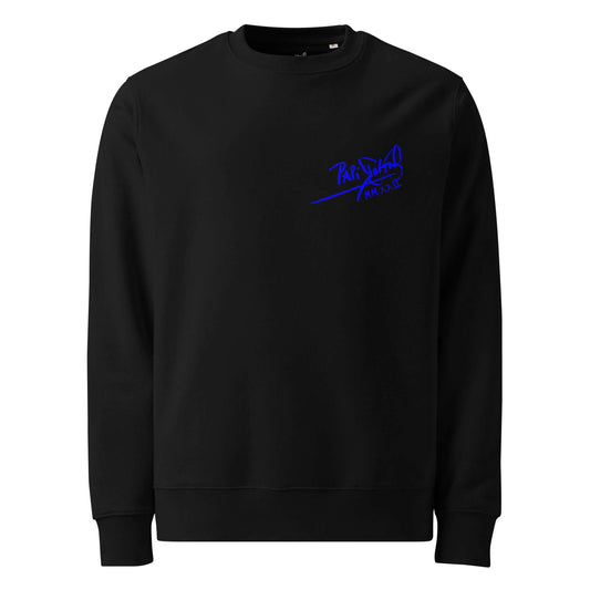 Front view of the SALA 5 | The Eco Blue Marathon | Vibrant Tribute Canvas Eco Crew in black by PapiJohn®. Featuring the signature icon logo in vibrant blue on heavy 350 g/m² organic black canvas by $arah Free 💎. High-end conscious luxury streetwear de autor curated in Cadifornia.