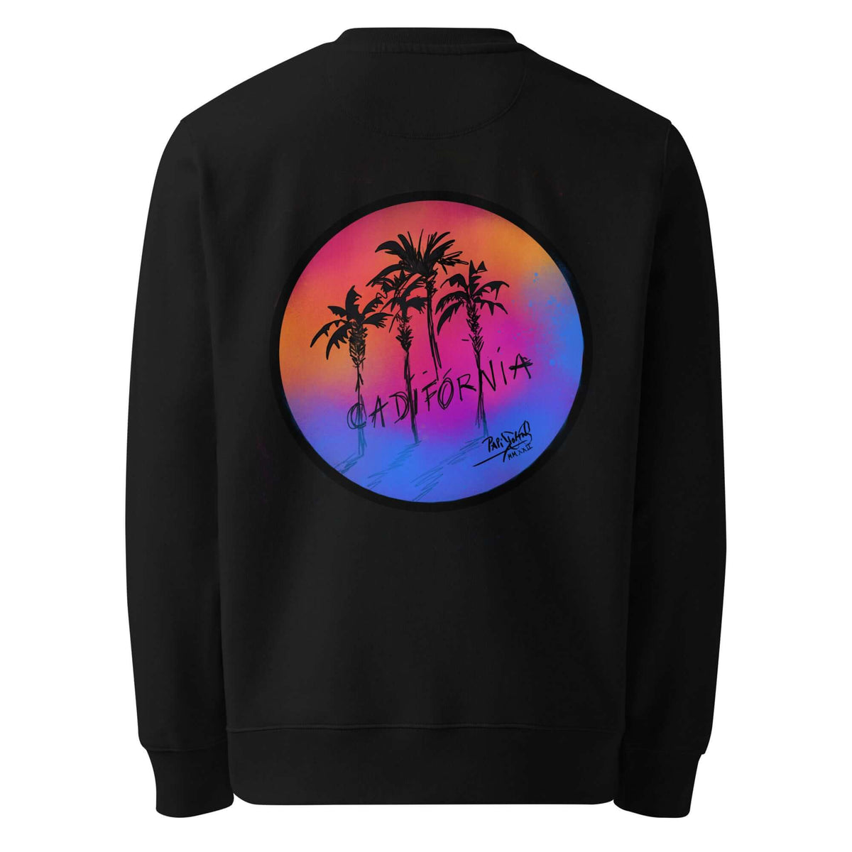Back view showing the drape and silhouette of the SALA 5 | The Eco Sunset Icon black eco crew canvas by PapiJohn®. Heavyweight organic cotton canvas, gallery archive piece, and conscious art streetwear curated in Cadifornia by $arah Free 💎.