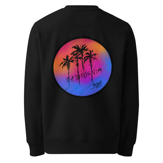 Back view showing the drape and silhouette of the SALA 5 | The Eco Sunset Icon black eco crew canvas by PapiJohn®. Heavyweight organic cotton canvas, gallery archive piece, and conscious art streetwear curated in Cadifornia by $arah Free 💎.