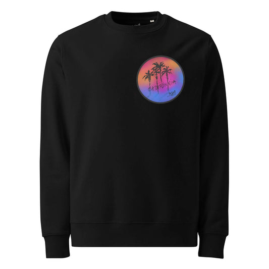 Front view of the SALA 5 | The Eco Sunset Icon black eco crew canvas by PapiJohn®. Featuring the coastal sunset circular visor graphic with underground graffiti lines by $arah Free 💎. High-end streetwear and luxury streetwear de autor curated in Cadifornia.