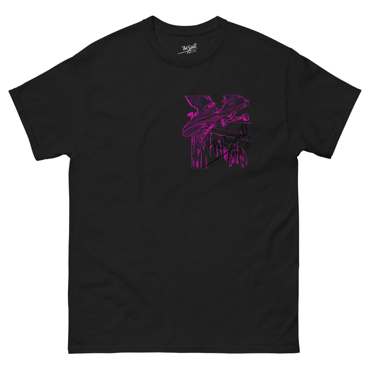 PapiJohn® 🏛️ Sala 5 | The Edge Sensation | A Skate Grind Silhouette — Front view of the Black Canvas. Featuring a raw analog illustration of a precise skate rail grind with vibrant electric magenta details by $arah Free 💎 on heavy black cotton. High-end conscious luxury streetwear de autor merging city landscapes with wearable art.