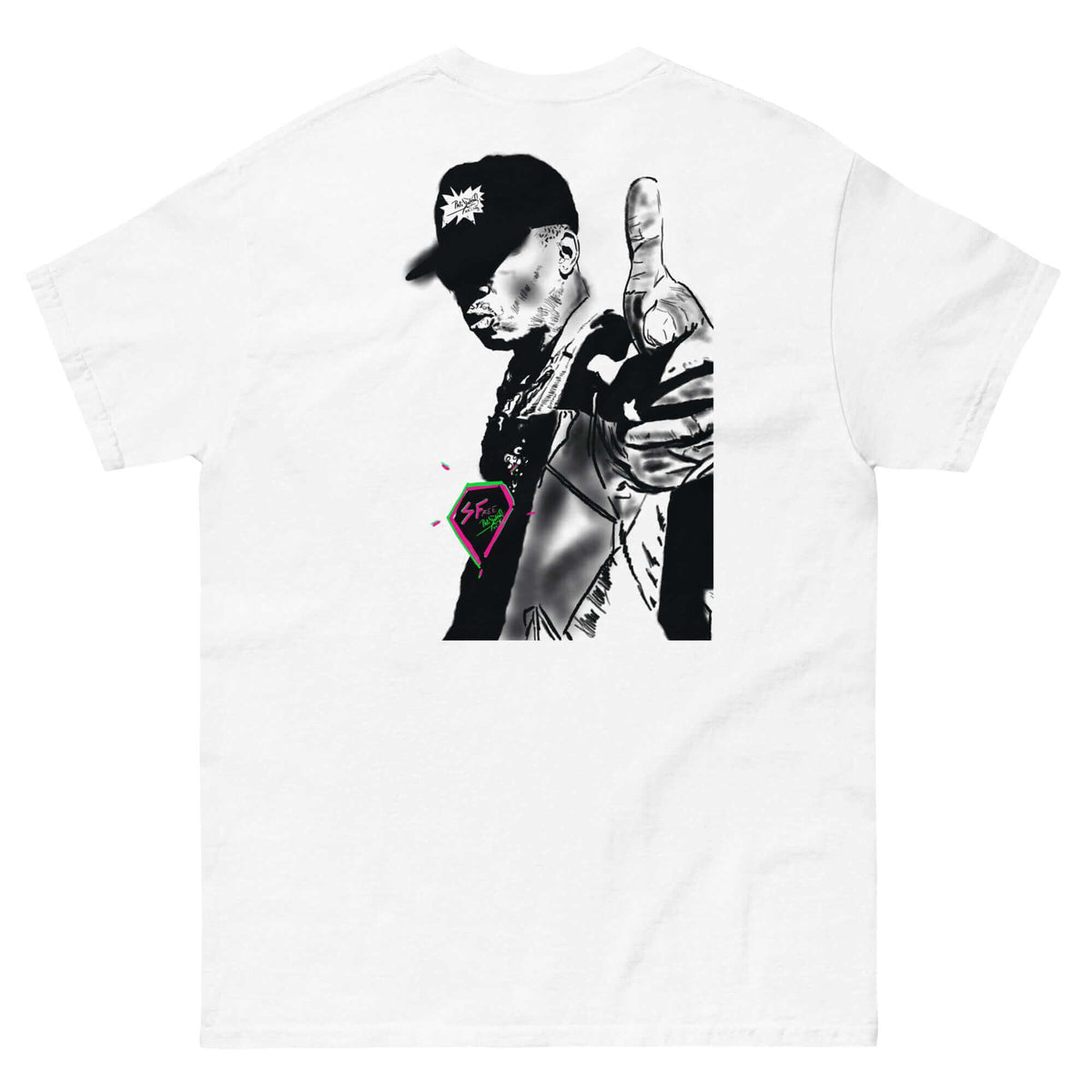 PapiJohn® 🏛️ Sala 5 | The Framed Messenger | Hip Hop Identity Canvas — Back view showing the premium heavyweight cotton silhouette and architectural drape of the White Canvas by $arah Free 💎. Gallery archive piece, honest luxury apparel, and wearable art curated in Cadifornia.