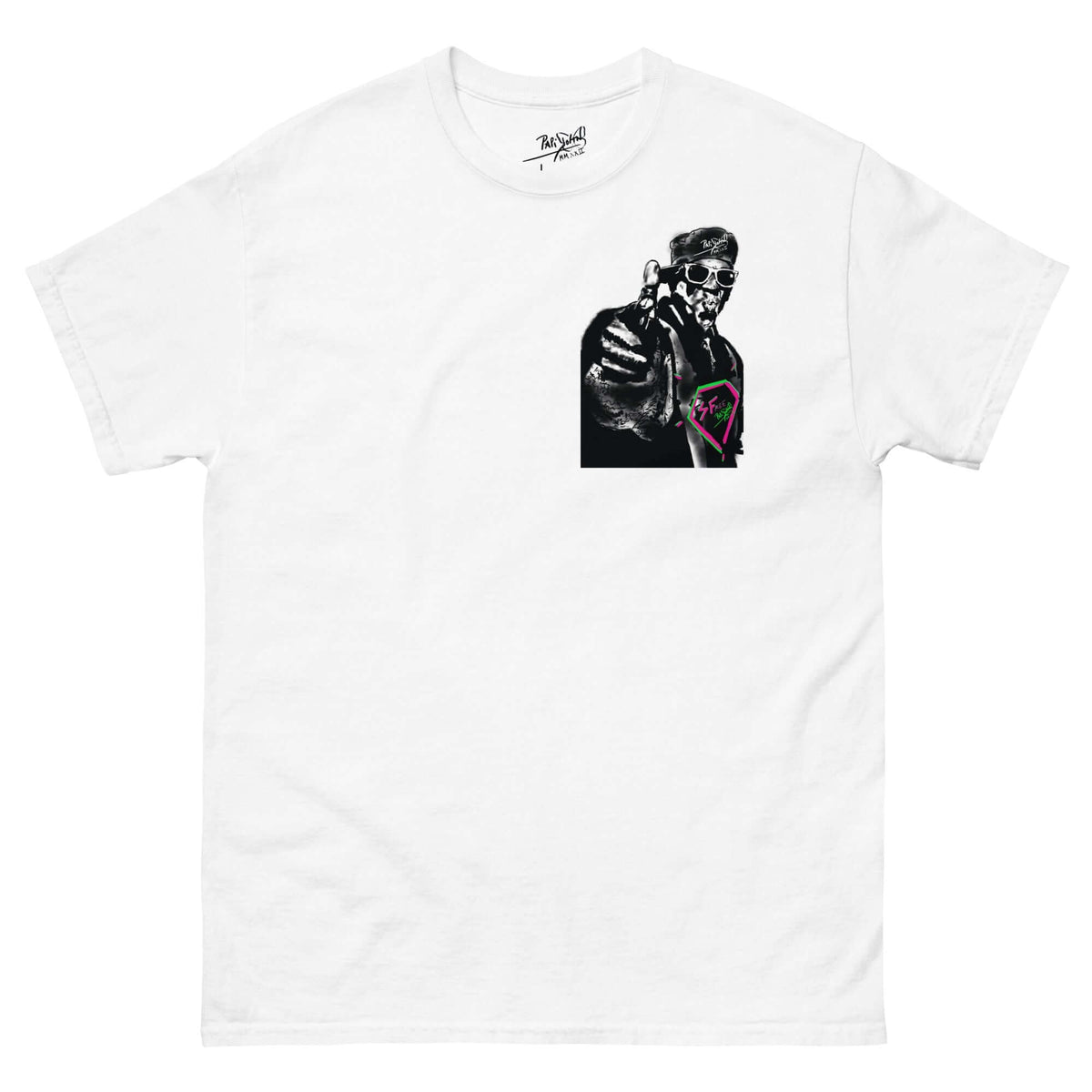 PapiJohn® 🏛️ Sala 5 | The Framed Rapper | Hip Hop Tribute Canvas — Front view of the White Canvas. Featuring "The Rapper Classic" old school illustration set within a pristine rectangular gallery frame block by $arah Free 💎 on heavy white cotton canvas. High-end conscious luxury streetwear de autor curated in Cadifornia.