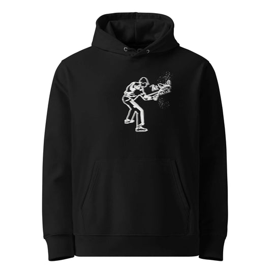 Front view of the SALA 5 | The Graff Archive | Eco Signature Canvas Hoodie in black by PapiJohn®. Featuring raw white spray paint graffiti matrix artwork on heavy 350 GSM organic black canvas by $arah Free 💎. High-end conscious luxury streetwear de autor curated in Cadifornia.