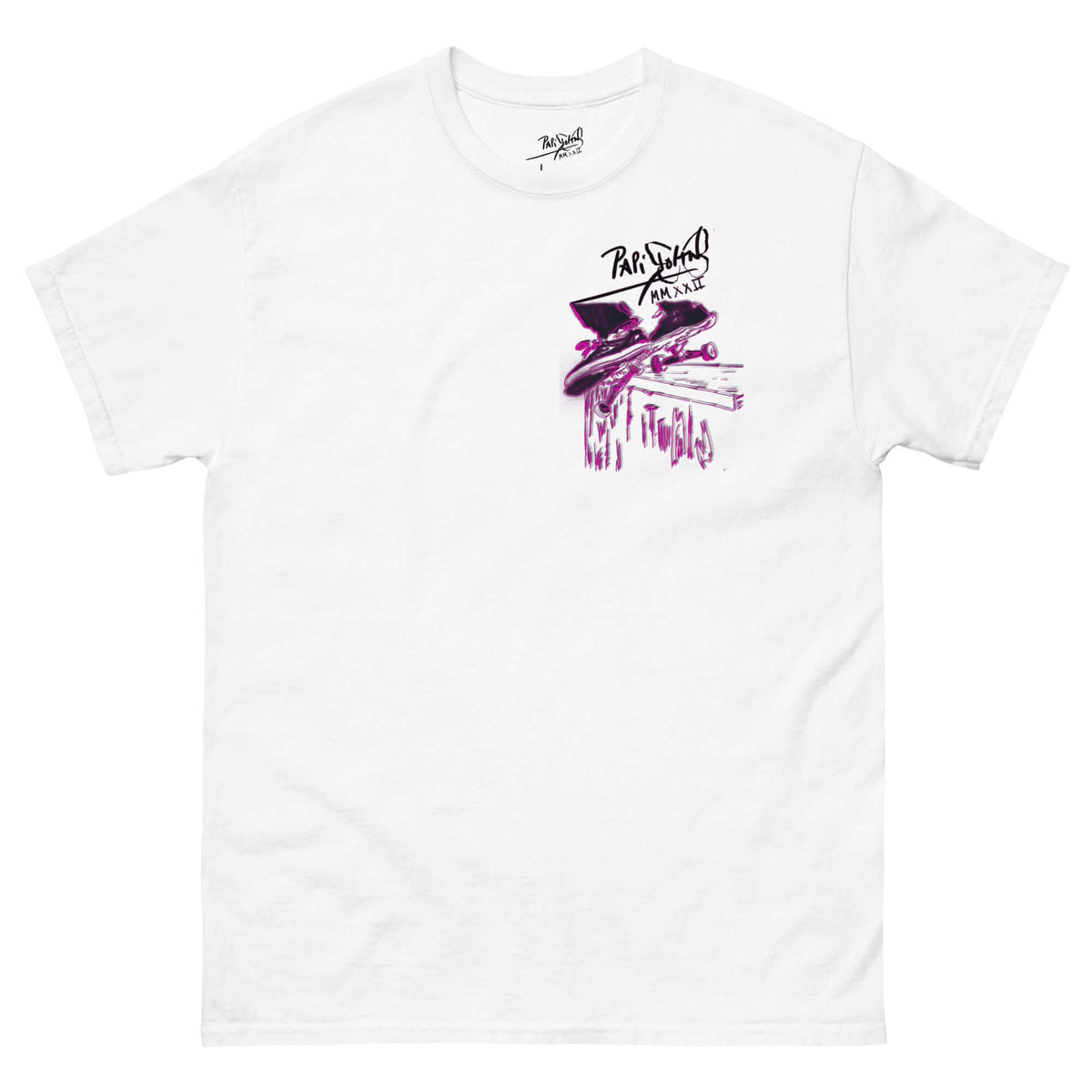 PapiJohn® 🏛️ Sala 5 | The Grind | Skate Lifestyle Canvas — Front view of the White Canvas. Featuring a dynamic illustration of a precise rail grind framed within a rectangular architectural viewer, highlighted by electric pink and magenta flashes against solid black graffiti by $arah Free 💎 on heavy white cotton. Authentic conscious luxury streetwear de autor curated in Cadifornia.