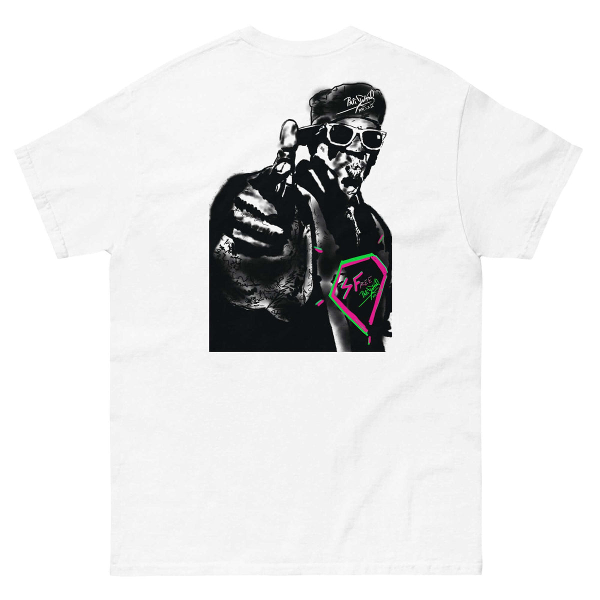 PapiJohn® 🏛️ Sala 5 | The Hip Hop Back-Graff | Classic Identity Canvas — Back view of the White Canvas. Featuring a large-format graffiti artwork of the iconic old school rapper by $arah Free 💎, creating an inverted visual composition on heavy white cotton canvas. Gallery archive piece, honest luxury apparel, and wearable art curated in Cadifornia.