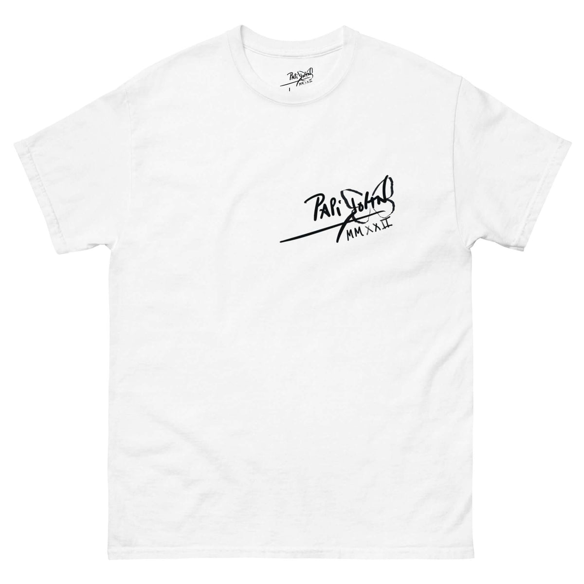 PapiJohn® 🏛️ Sala 5 | The Hip Hop Back-Graff | Classic Identity Canvas — Front view of the White Canvas. Displaying the contained elegance of the classic hand-drawn PapiJohn® signature on the left chest on heavy white cotton canvas. High-end conscious luxury streetwear de autor curated in Cadifornia.