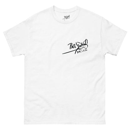 PapiJohn® 🏛️ Sala 5 | The Hip Hop Back-Graff | Classic Identity Canvas — Front view of the White Canvas. Displaying the contained elegance of the classic hand-drawn PapiJohn® signature on the left chest on heavy white cotton canvas. High-end conscious luxury streetwear de autor curated in Cadifornia.