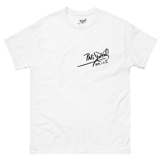 PapiJohn® 🏛️ Sala 5 | The Hip Hop Back-Graff | Classic Identity Canvas — Front view of the White Canvas. Displaying the contained elegance of the classic hand-drawn PapiJohn® signature on the left chest on heavy white cotton canvas. High-end conscious luxury streetwear de autor curated in Cadifornia.