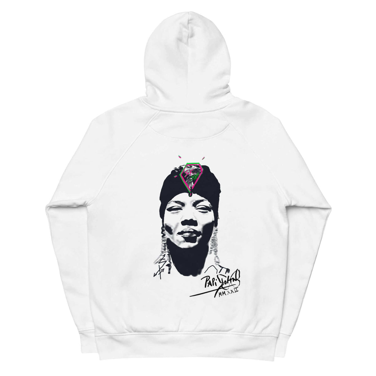 Back view showing the heavy organic cotton hoodie silhouette, relaxed hood, and structured drape of the SALA 5 | The Hip Hop Queen Eco Hoodie in white by PapiJohn®. Gallery archive piece, honest luxury eco hoodie, and wearable art curated in Cadifornia by $arah Free 💎.
