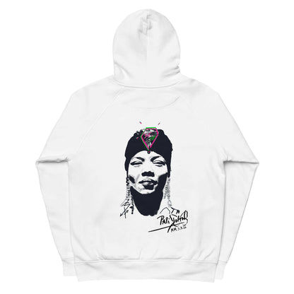 Back view showing the heavy organic cotton hoodie silhouette, relaxed hood, and structured drape of the SALA 5 | The Hip Hop Queen Eco Hoodie in white by PapiJohn®. Gallery archive piece, honest luxury eco hoodie, and wearable art curated in Cadifornia by $arah Free 💎.