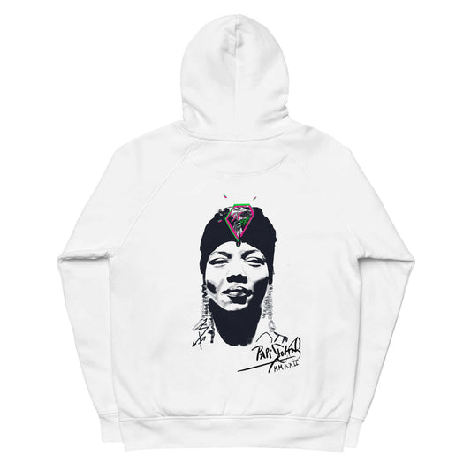 Back view showing the heavy organic cotton hoodie silhouette, relaxed hood, and structured drape of the SALA 5 | The Hip Hop Queen Eco Hoodie in white by PapiJohn®. Gallery archive piece, honest luxury eco hoodie, and wearable art curated in Cadifornia by $arah Free 💎.