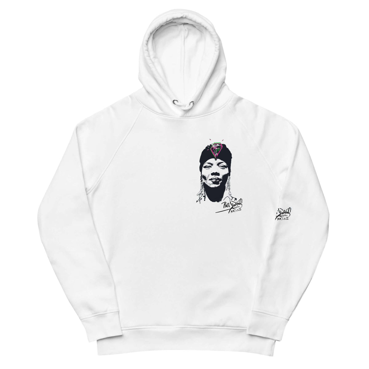 Front view of the SALA 5 | The Hip Hop Queen | Eco Signature Canvas Hoodie in white by PapiJohn®. Featuring portrait artwork of urban royalty in black and white line art on heavy organic white canvas by $arah Free 💎. High-end conscious luxury streetwear de autor curated in Cadifornia.