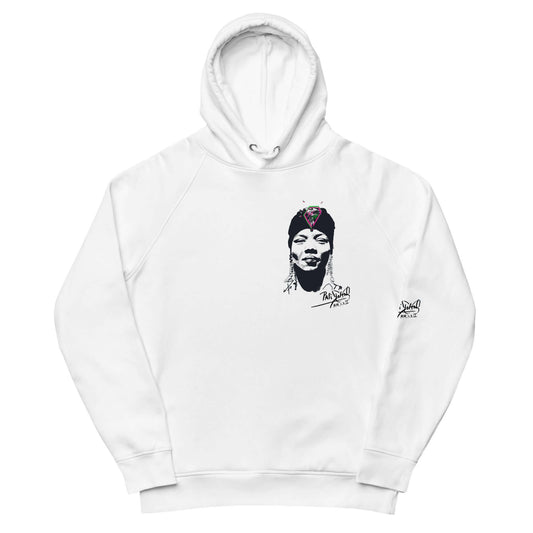 Front view of the SALA 5 | The Hip Hop Queen | Eco Signature Canvas Hoodie in white by PapiJohn®. Featuring portrait artwork of urban royalty in black and white line art on heavy organic white canvas by $arah Free 💎. High-end conscious luxury streetwear de autor curated in Cadifornia.