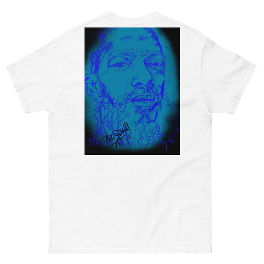 PapiJohn® 🏛️ Sala 5 | The Legacy Marathon | Blue Light Edition — Back view showing the high-density cotton t-shirt silhouette and clean architectural drape of the White Canvas Tee by $arah Free 💎. Gallery archive piece, honest luxury apparel, and wearable art curated in Cadifornia.