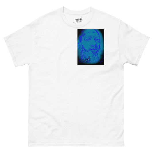 PapiJohn® 🏛️ Sala 5 | The Legacy Marathon | Blue Light Edition — Front view of the White Canvas Tee. Featuring Nipsey Hussle tribute portrait artwork in electric neon blue pilot technique with a celestial haze effect and raw graffiti frame on heavy white cotton canvas by $arah Free 💎. High-end luxury streetwear de autor curated in Cadifornia.