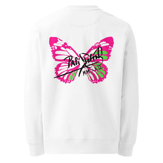 Back view showing the drape and fit of the SALA 5 | The Neon Butterfly white eco crew canvas by PapiJohn®. Heavyweight organic cotton canvas, gallery archive piece, and honest luxury streetwear curated in Cadifornia by $arah Free 💎.