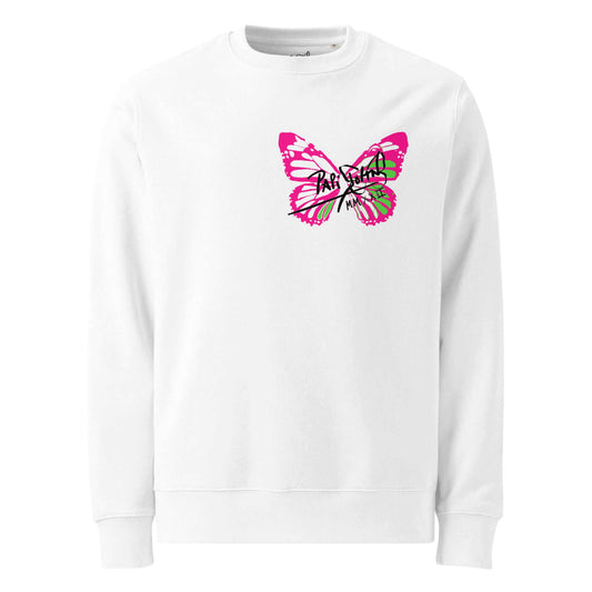 Front view of the SALA 5 | The Neon Butterfly eco signature white crew canvas by PapiJohn®. Featuring the electric magnetic pink and neon green butterfly signature with subtle black core detail by $arah Free 💎. High-end streetwear and luxury streetwear de autor curated in Cadifornia.
