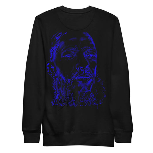 PapiJohn® 🏛️ Sala 5 | The Neon Marathon | Nipsey Tribute Canvas — Back view showing the premium heavyweight cotton crewneck silhouette and clean architectural drape of the Black Canvas Premium Crew by $arah Free 💎. Gallery archive piece, honest luxury apparel, and wearable art curated in Cadifornia.