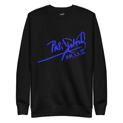 PapiJohn® 🏛️ Sala 5 | The Neon Marathon | Nipsey Tribute Canvas — Front view of the Black Canvas Premium Crew. Featuring electric neon blue freehand Nipsey Hussle silhouette artwork on heavy black cotton canvas by $arah Free 💎. High-end conscious luxury streetwear de autor curated in Cadifornia.