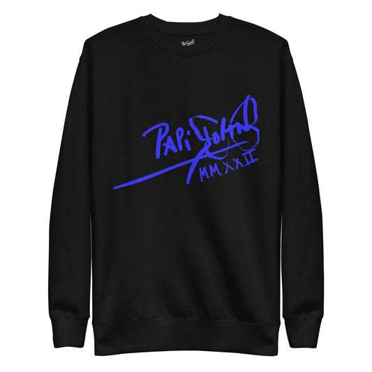 PapiJohn® 🏛️ Sala 5 | The Neon Marathon | Nipsey Tribute Canvas — Front view of the Black Canvas Premium Crew. Featuring electric neon blue freehand Nipsey Hussle silhouette artwork on heavy black cotton canvas by $arah Free 💎. High-end conscious luxury streetwear de autor curated in Cadifornia.