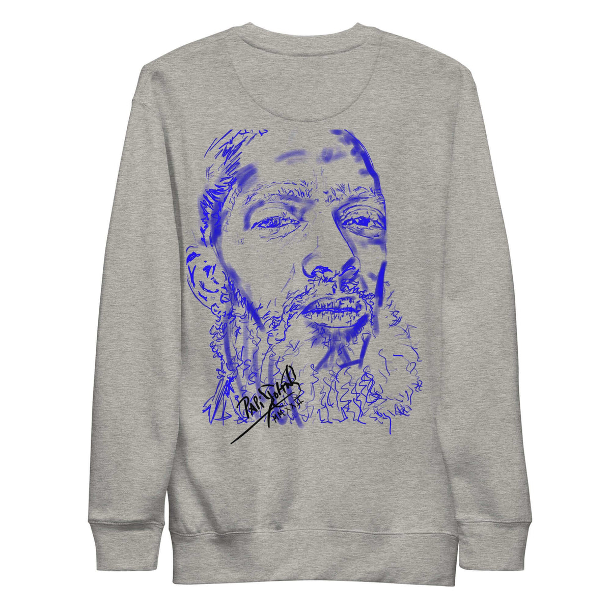 PapiJohn® 🏛️ Sala 5 | The Neon Marathon | Nipsey Tribute Canvas — Back view showing the premium heavyweight cotton crewneck silhouette and clean architectural drape of the Carbon Grey Canvas Premium Crew by $arah Free 💎. Gallery archive piece, honest luxury apparel, and wearable art curated in Cadifornia.