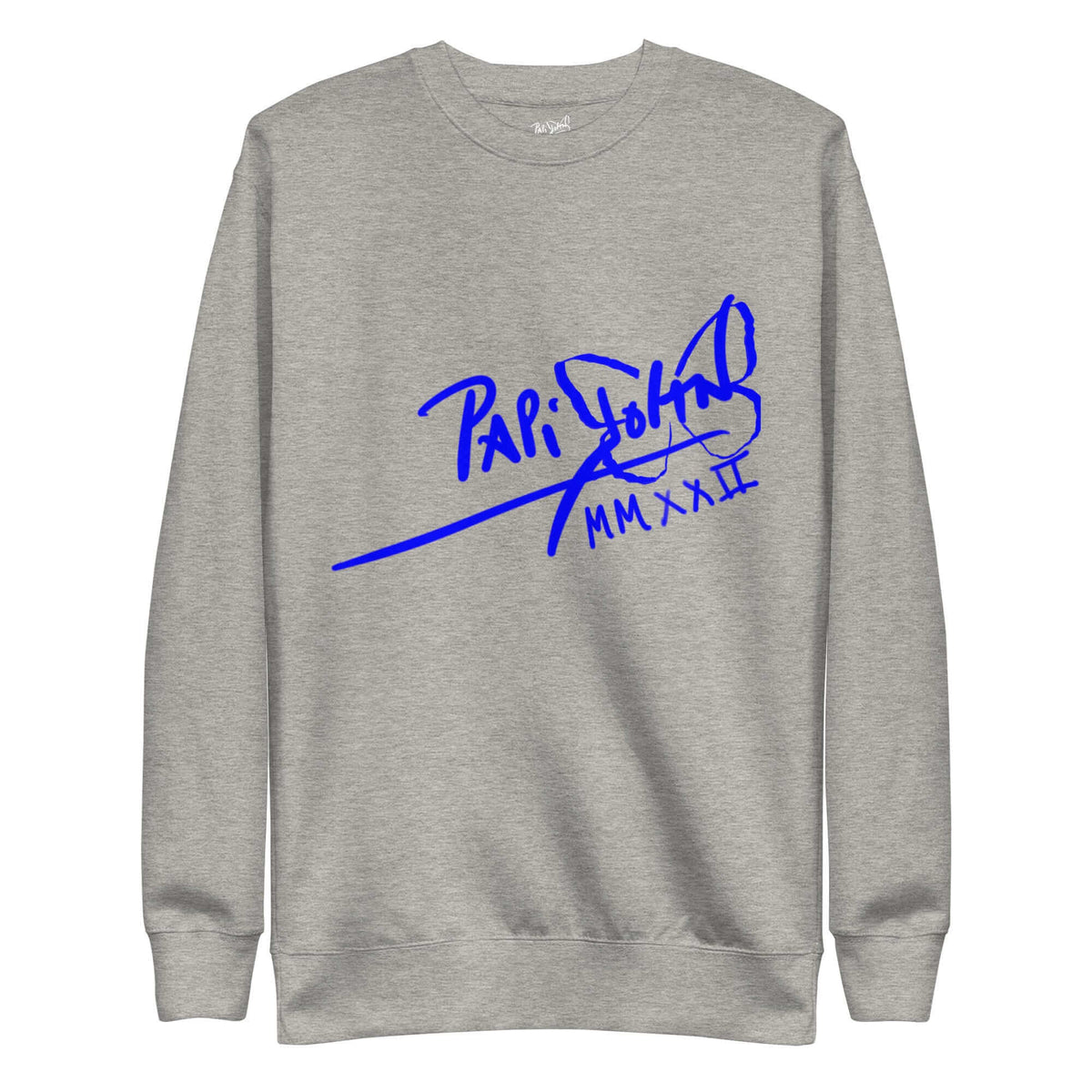 PapiJohn® 🏛️ Sala 5 | The Neon Marathon | Nipsey Tribute Canvas — Front view of the Carbon Grey Canvas Premium Crew. Featuring electric neon blue freehand Nipsey Hussle silhouette artwork on carbon grey cotton canvas by $arah Free 💎. High-end conscious luxury streetwear de autor curated in Cadifornia.