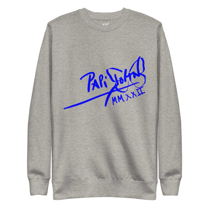 PapiJohn® 🏛️ Sala 5 | The Neon Marathon | Nipsey Tribute Canvas — Front view of the Carbon Grey Canvas Premium Crew. Featuring electric neon blue freehand Nipsey Hussle silhouette artwork on carbon grey cotton canvas by $arah Free 💎. High-end conscious luxury streetwear de autor curated in Cadifornia.