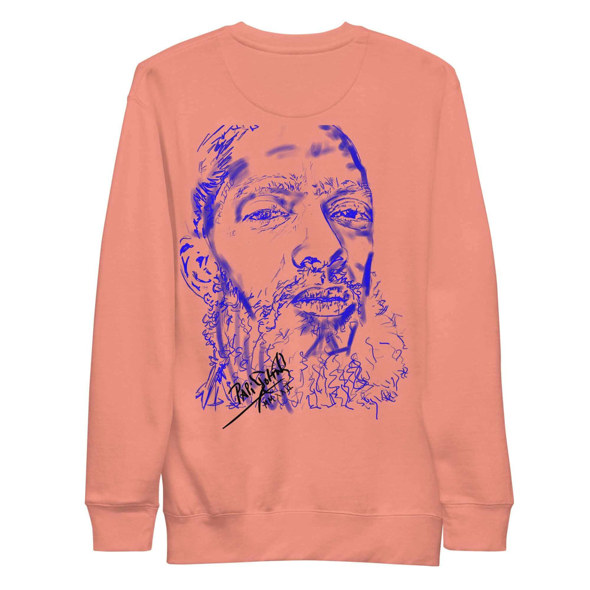 PapiJohn® 🏛️ Sala 5 | The Neon Marathon | Nipsey Tribute Canvas — Back view showing the premium heavyweight cotton crewneck silhouette and clean architectural drape of the Dusty Rose Canvas Premium Crew by $arah Free 💎. Gallery archive piece, honest luxury apparel, and wearable art curated in Cadifornia.