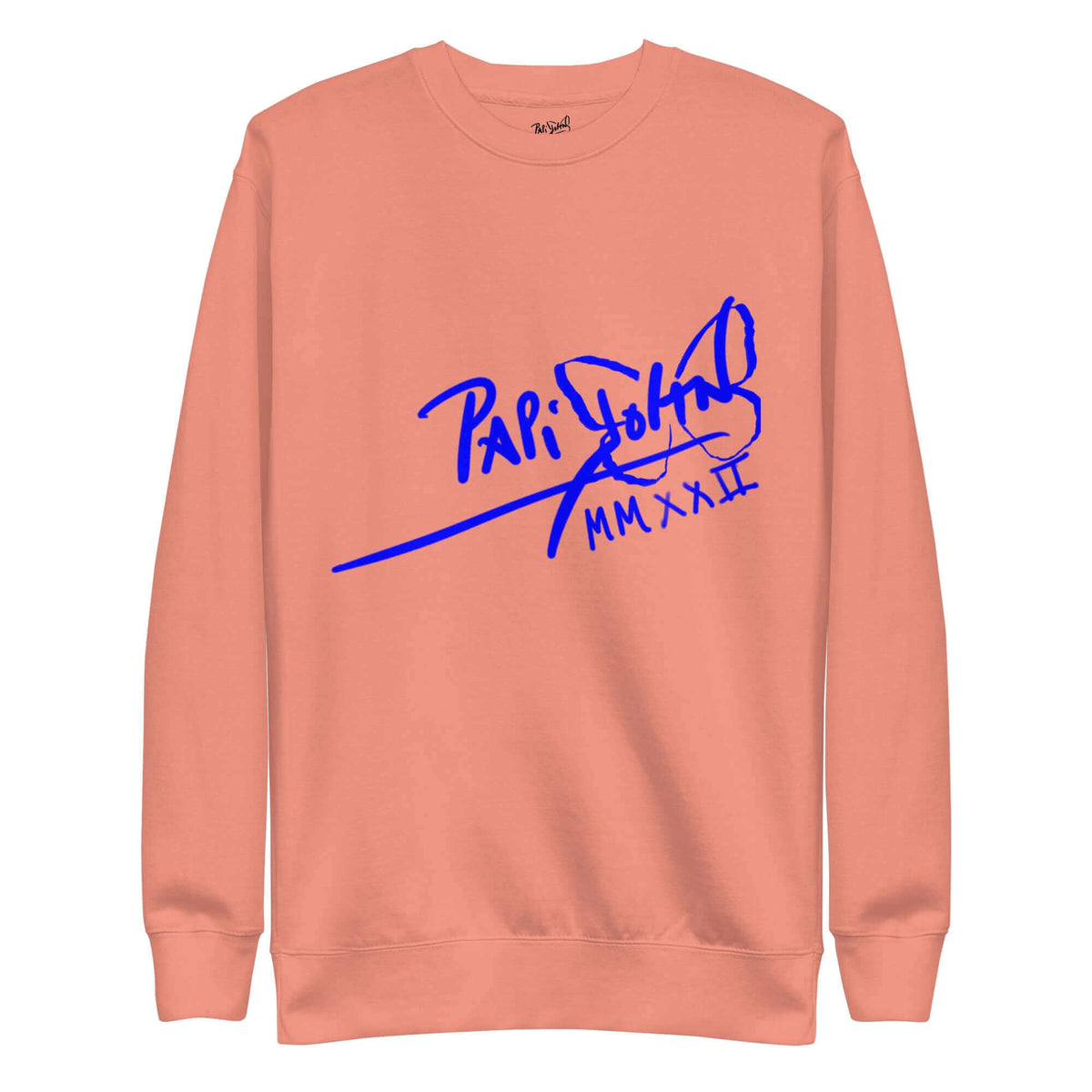 PapiJohn® 🏛️ Sala 5 | The Neon Marathon | Nipsey Tribute Canvas — Front view of the Dusty Rose Canvas Premium Crew. Featuring electric neon blue freehand Nipsey Hussle silhouette artwork on dusty rose cotton canvas by $arah Free 💎. High-end conscious luxury streetwear de autor curated in Cadifornia.