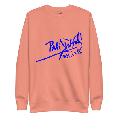 PapiJohn® 🏛️ Sala 5 | The Neon Marathon | Nipsey Tribute Canvas — Front view of the Dusty Rose Canvas Premium Crew. Featuring electric neon blue freehand Nipsey Hussle silhouette artwork on dusty rose cotton canvas by $arah Free 💎. High-end conscious luxury streetwear de autor curated in Cadifornia.