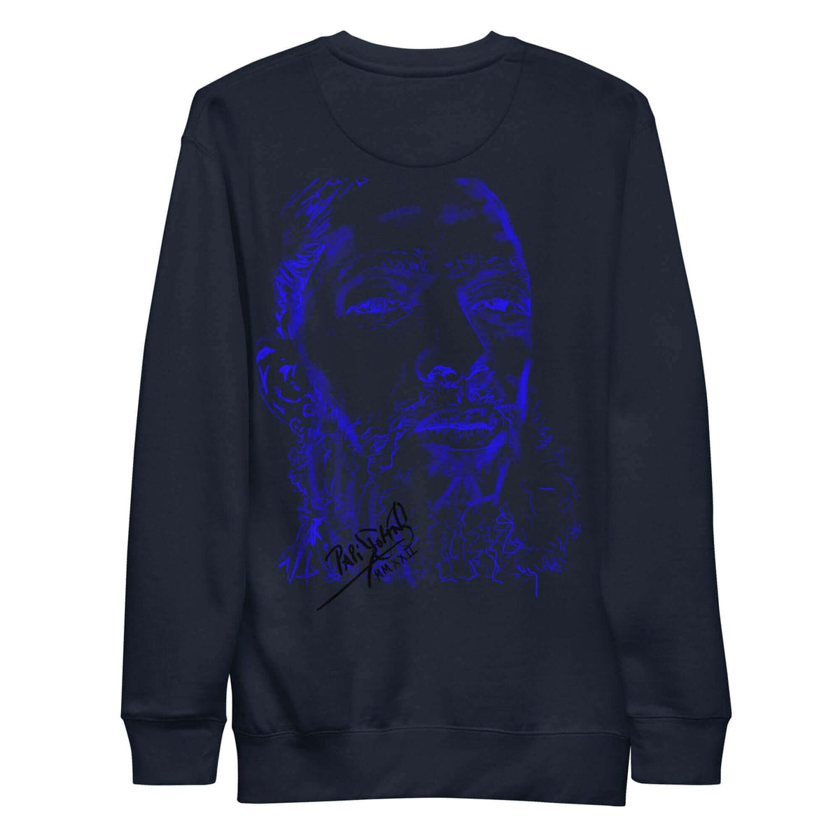 PapiJohn® 🏛️ Sala 5 | The Neon Marathon | Nipsey Tribute Canvas — Back view showing the premium heavyweight cotton crewneck silhouette and clean architectural drape of the Navy Blazer Canvas Premium Crew by $arah Free 💎. Gallery archive piece, honest luxury apparel, and wearable art curated in Cadifornia.