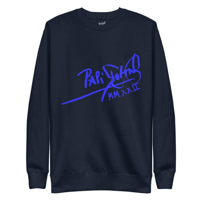 PapiJohn® 🏛️ Sala 5 | The Neon Marathon | Nipsey Tribute Canvas — Front view of the Navy Blazer Canvas Premium Crew. Featuring electric neon blue freehand Nipsey Hussle silhouette artwork on deep navy blazer cotton canvas by $arah Free 💎. High-end conscious luxury streetwear de autor curated in Cadifornia.