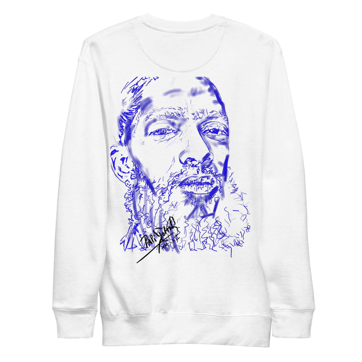 PapiJohn® 🏛️ Sala 5 | The Neon Marathon | Nipsey Tribute Canvas — Back view showing the premium heavyweight cotton crewneck silhouette and clean architectural drape of the White Canvas Premium Crew by $arah Free 💎. Gallery archive piece, honest luxury apparel, and wearable art curated in Cadifornia.