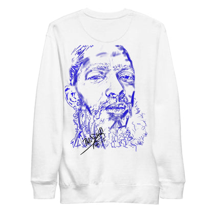 PapiJohn® 🏛️ Sala 5 | The Neon Marathon | Nipsey Tribute Canvas — Back view showing the premium heavyweight cotton crewneck silhouette and clean architectural drape of the White Canvas Premium Crew by $arah Free 💎. Gallery archive piece, honest luxury apparel, and wearable art curated in Cadifornia.