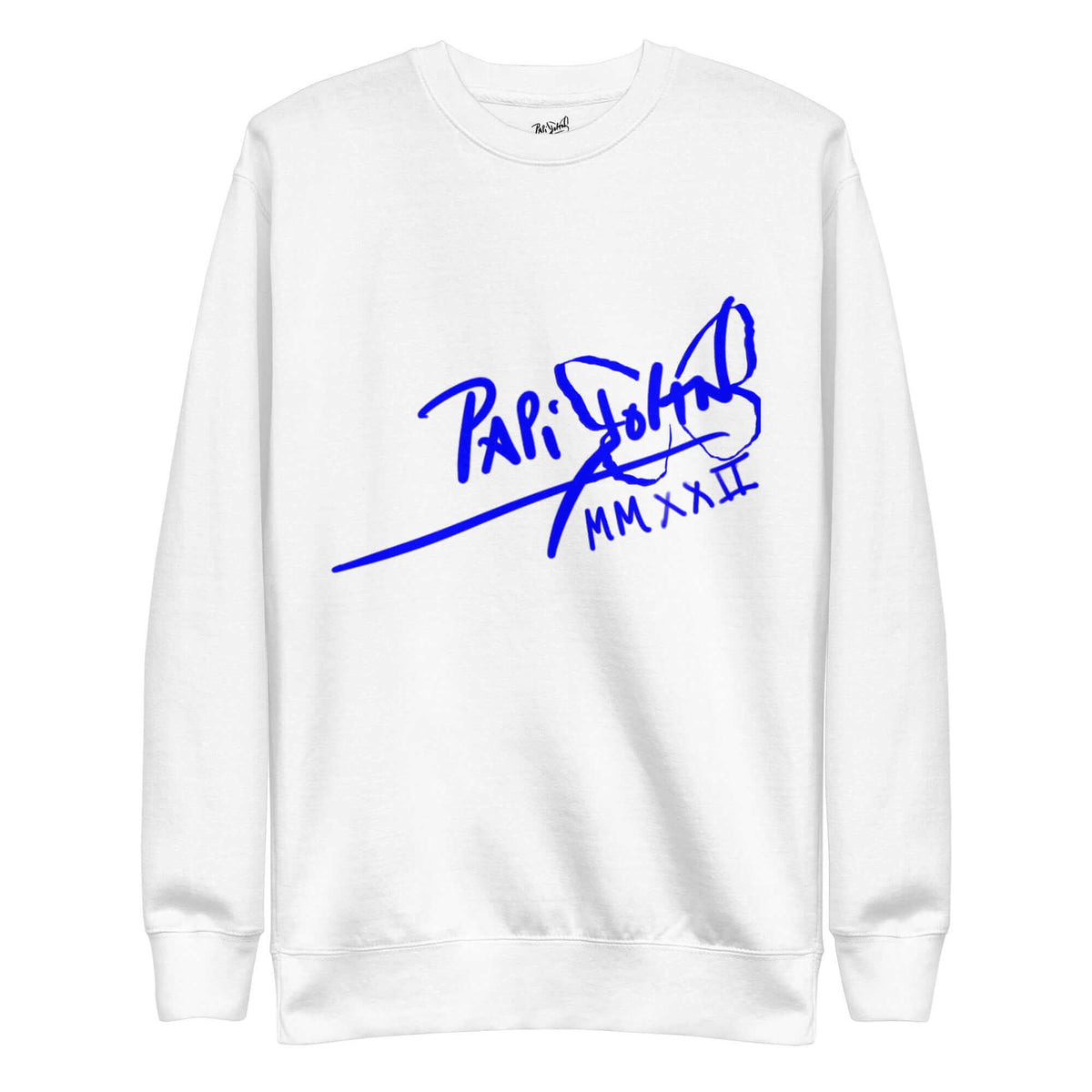 PapiJohn® 🏛️ Sala 5 | The Neon Marathon | Nipsey Tribute Canvas — Front view of the White Canvas Premium Crew. Featuring electric neon blue freehand Nipsey Hussle silhouette artwork on crisp white cotton canvas by $arah Free 💎. High-end conscious luxury streetwear de autor curated in Cadifornia.