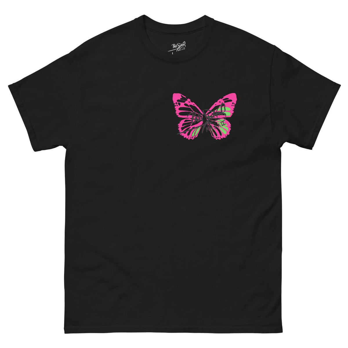 Front view of the SALA 5 | The Neon Metamorphosis vibrant signature black tee canvas by PapiJohn®. Featuring magnetic pink and acid green neon butterfly artwork by $arah Free 💎. High-end streetwear and artist driven uniform curated in Cadifornia.