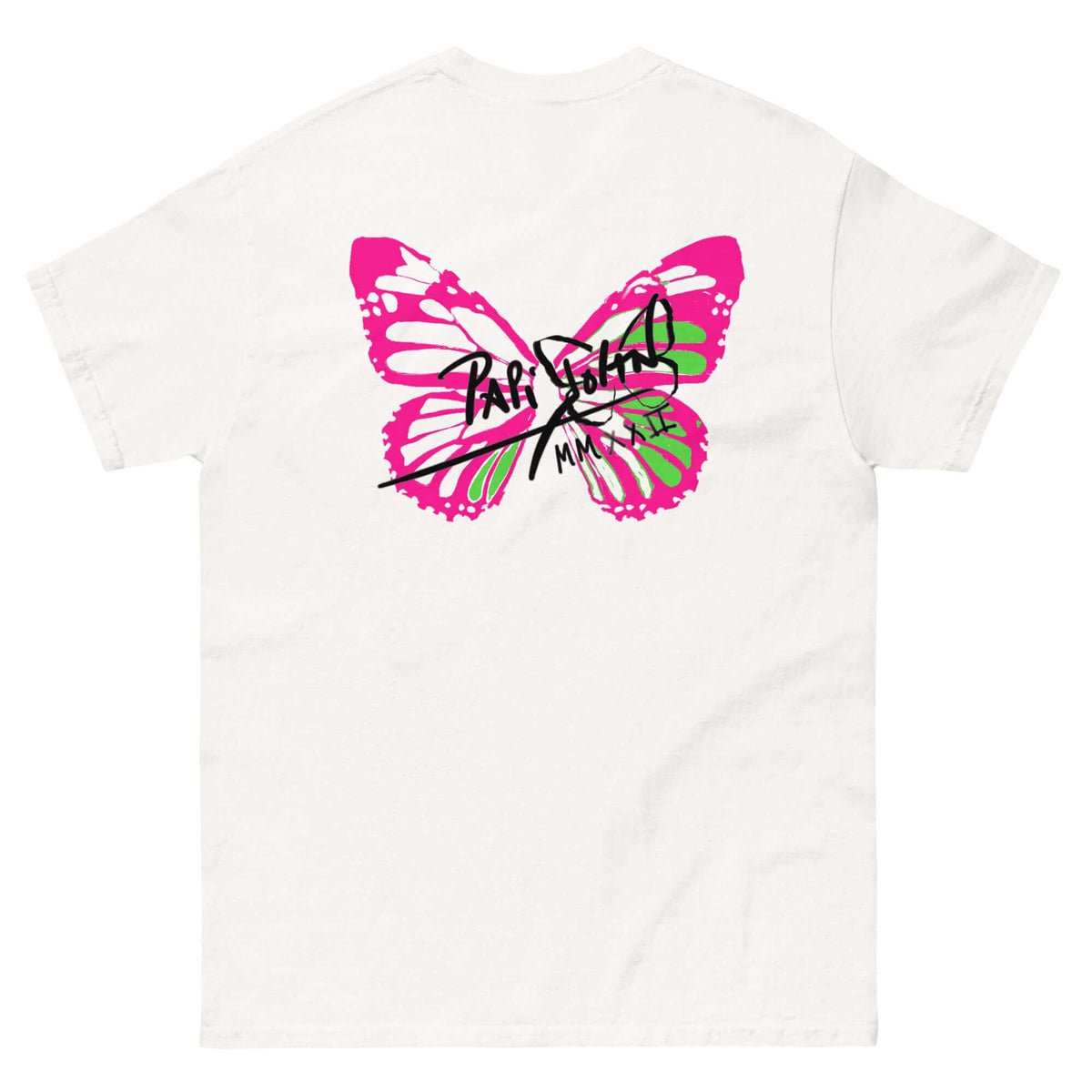 Back view showing the vibrant magnetic pink and acid green butterfly metamorphosis artwork on the SALA 5 | The Neon Metamorphosis white tee canvas by PapiJohn®. Heavyweight organic cotton canvas, gallery archive piece, and honest luxury streetwear curated in Cadifornia by $arah Free 💎.