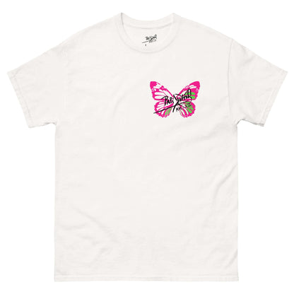 Front view of the SALA 5 | The Neon Metamorphosis vibrant signature white tee canvas by PapiJohn®. Featuring the hand-drawn butterfly icon with magnetic pink and acid green neon accents by $arah Free 💎. High-end streetwear and luxury streetwear de autor curated in Cadifornia.