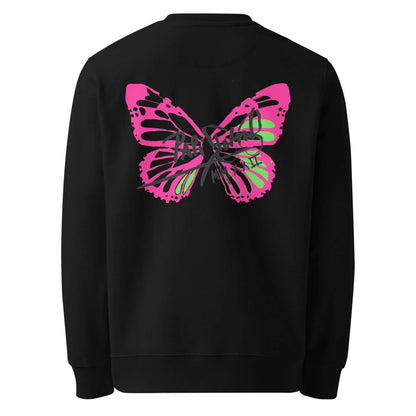 Back view showing the bold electric neon pink butterfly metamorphosis artwork and BE FREE BE YOU manifesto on the SALA 5 | The Neon Pink Butterfly black crew canvas by PapiJohn®. Heavyweight organic cotton canvas, gallery archive piece, and honest luxury streetwear curated in Cadifornia by $arah Free 💎.