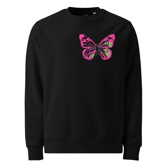 Front view of the SALA 5 | The Neon Pink Butterfly eco signature black crew canvas by PapiJohn®. Featuring a minimalist electric neon pink butterfly signature and the BE FREE BE YOU motto on the chest by $arah Free 💎. High-end streetwear and luxury streetwear de autor curated in Cadifornia.