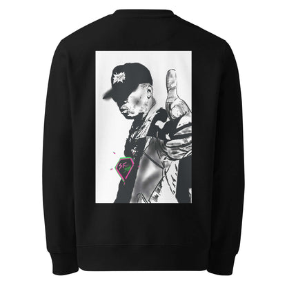 Back view showing the Boom Bap old-school rapper graffiti artwork in a white frame with a fuchsia diamond chain on the SALA 5 | The Old School Echo eco heavyweight crewneck by PapiJohn®. Heavyweight 350 GSM organic cotton, artist driven uniform, and honest luxury streetwear ideado en Cadifornia by $arah Free 💎.